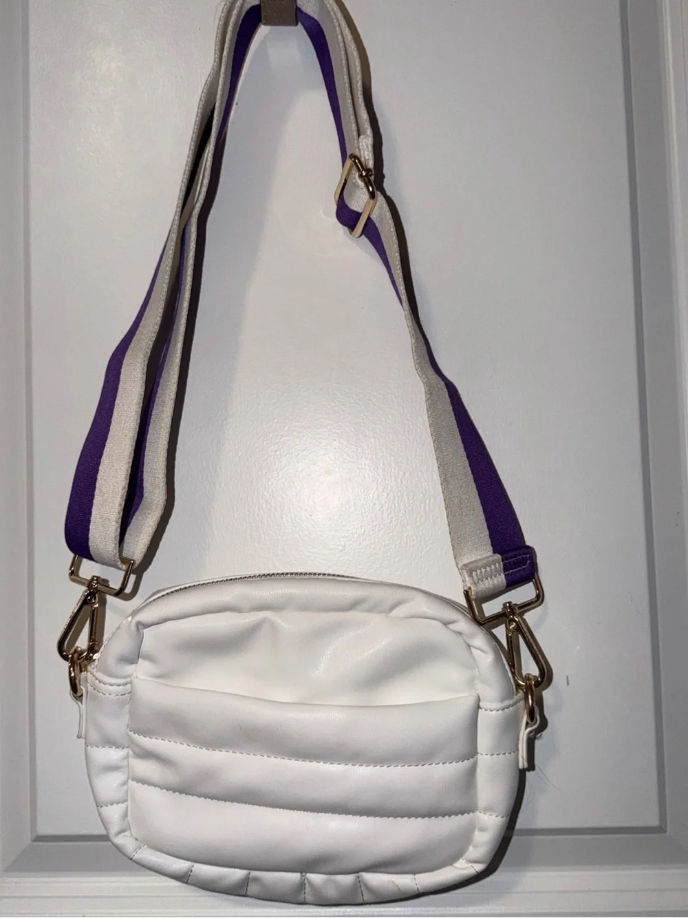 White Quilted Crossbody Bag with Contrast Purple-Trim Strap